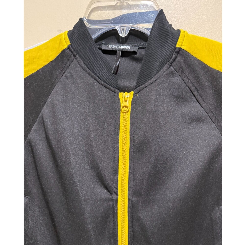 Fashion Nova Black Track Jacket M Striped Sleeve Cropped Zip Up Womens Athletic - Picture 3 of 13